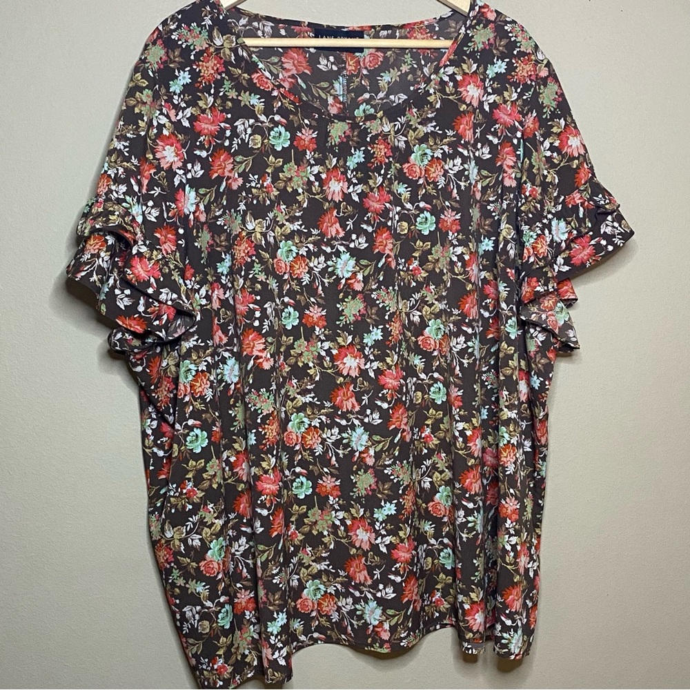 Lane Bryant Short Sleeve Blouse Women Size 28 Brown Coral Floral Ruffle Office